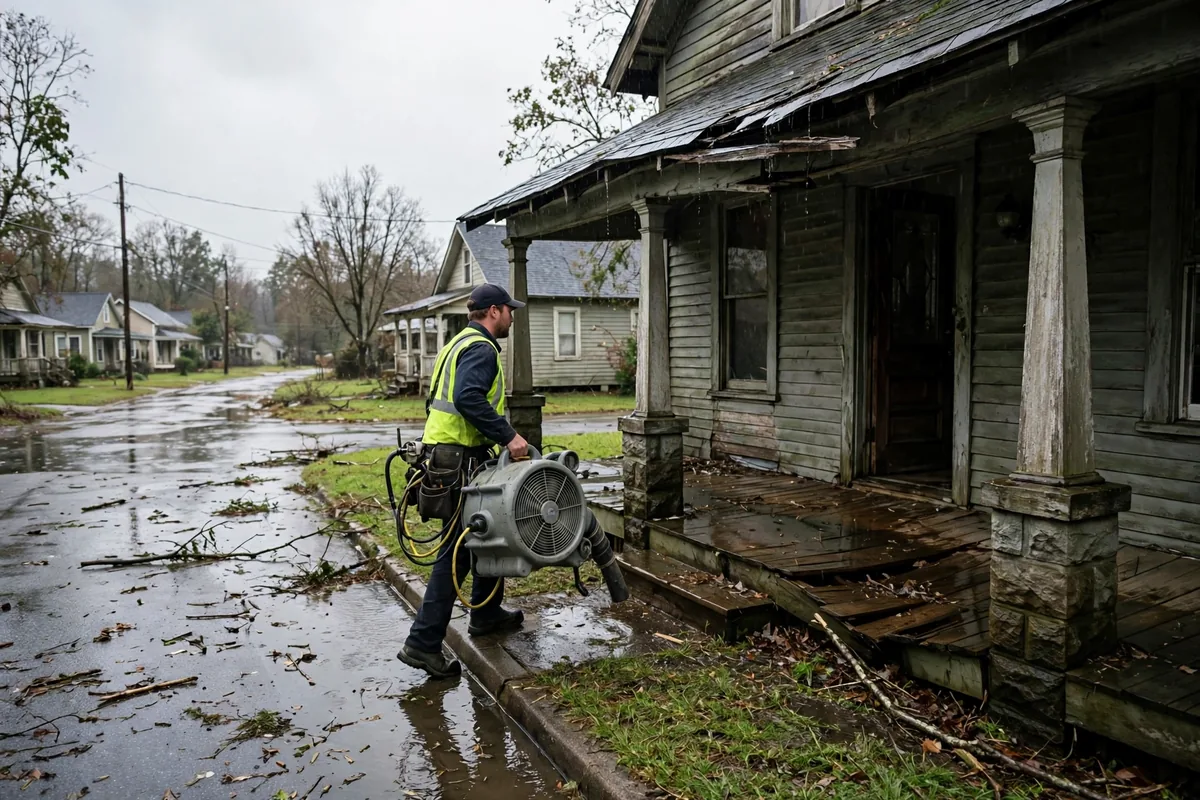 Tornado & Storm Flood Water Damage Restoration Attalla, AL — a pro carrying drying equipment into a storm-damaged home