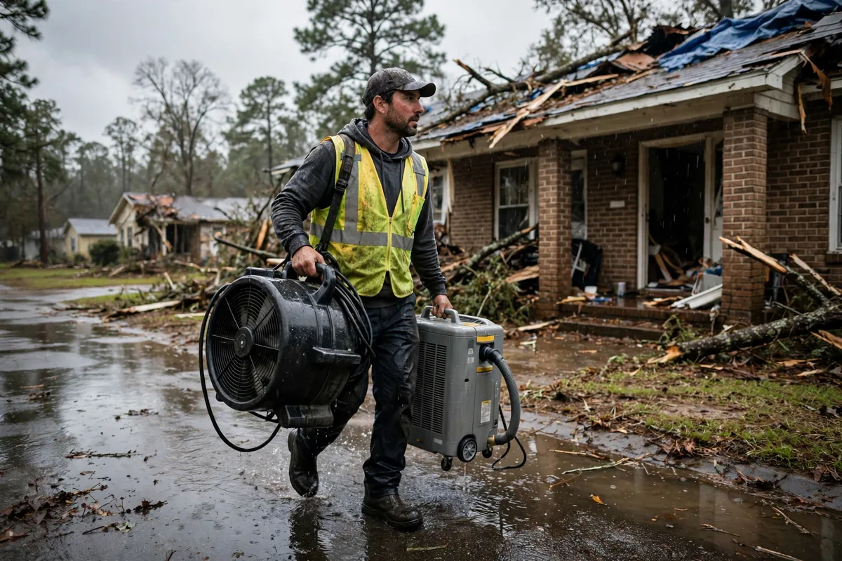 Tornado & Storm Flood Water Damage Restoration Auburn, AL — a pro carrying drying equipment into a storm-damaged home