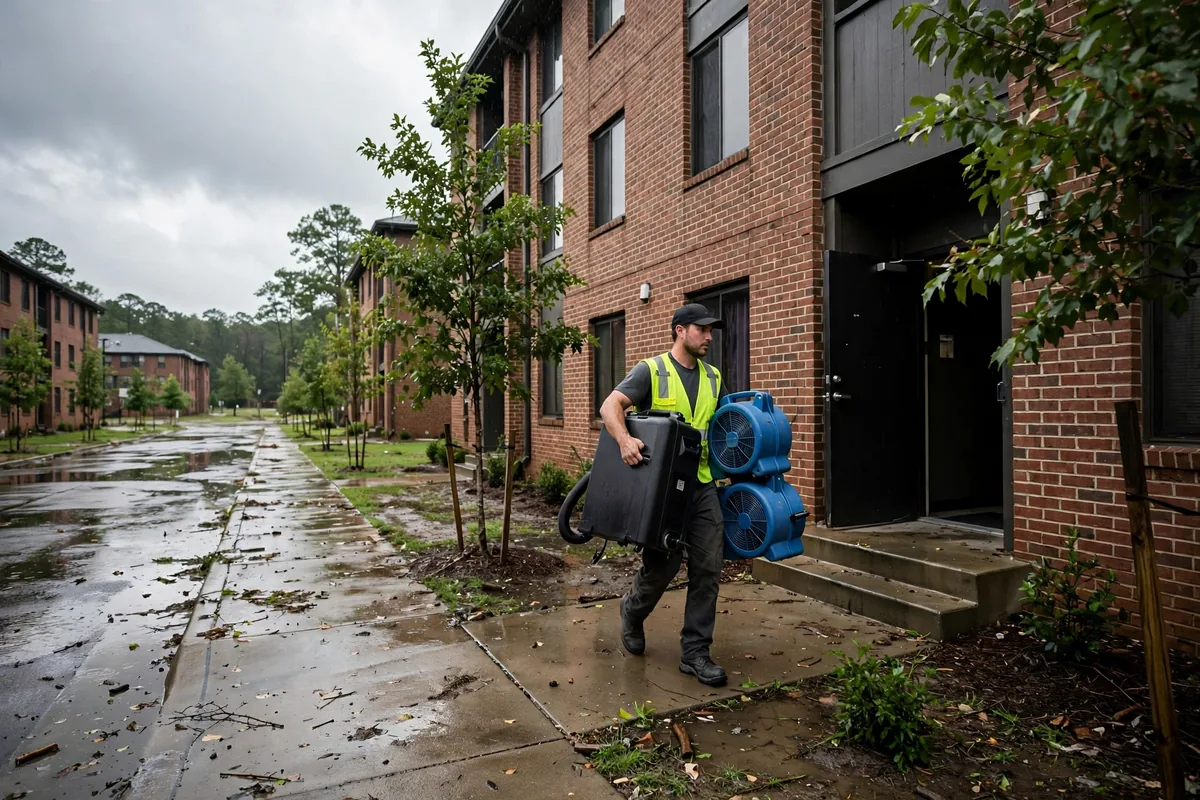 Tornado & Storm Flood Water Damage Restoration Auburn University, AL — a pro carrying drying equipment into a storm-damaged home