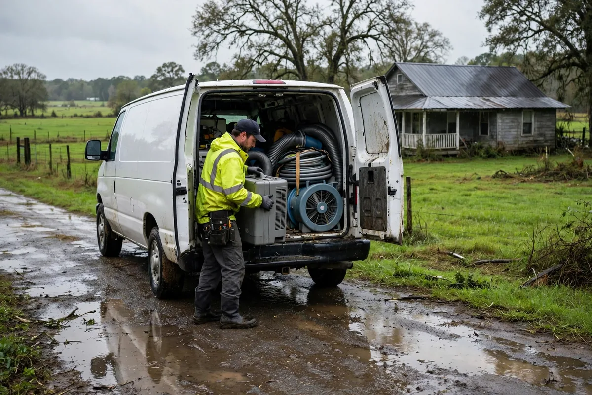 Tornado & Storm Flood Water Damage Restoration Baileyton, AL — a pro carrying drying equipment into a storm-damaged home