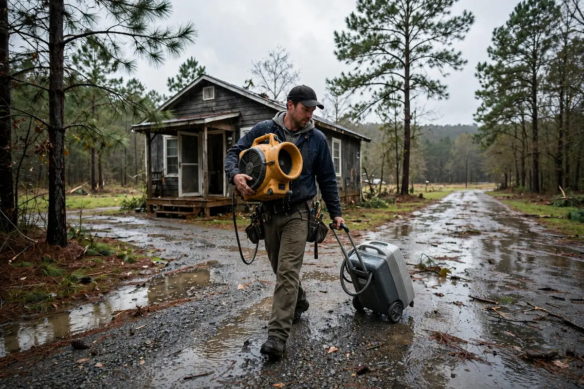 Tornado & Storm Flood Water Damage Restoration Bear Creek, AL — a pro carrying drying equipment into a storm-damaged home