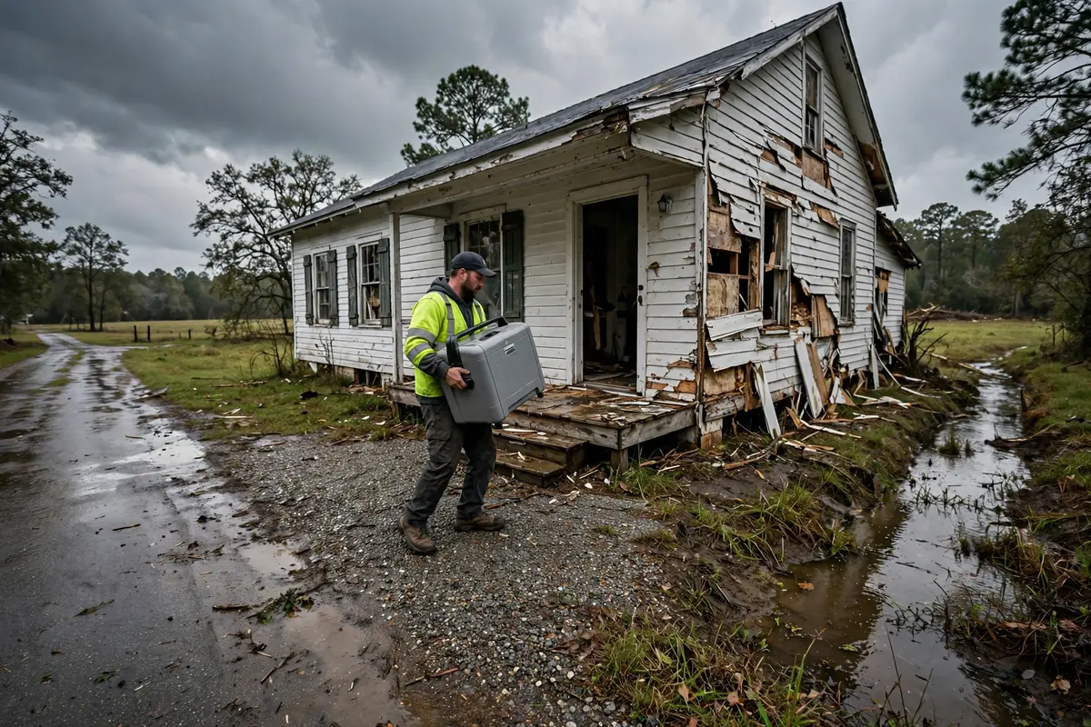 Tornado & Storm Flood Water Damage Restoration Beaverton, AL — a pro carrying drying equipment into a storm-damaged home