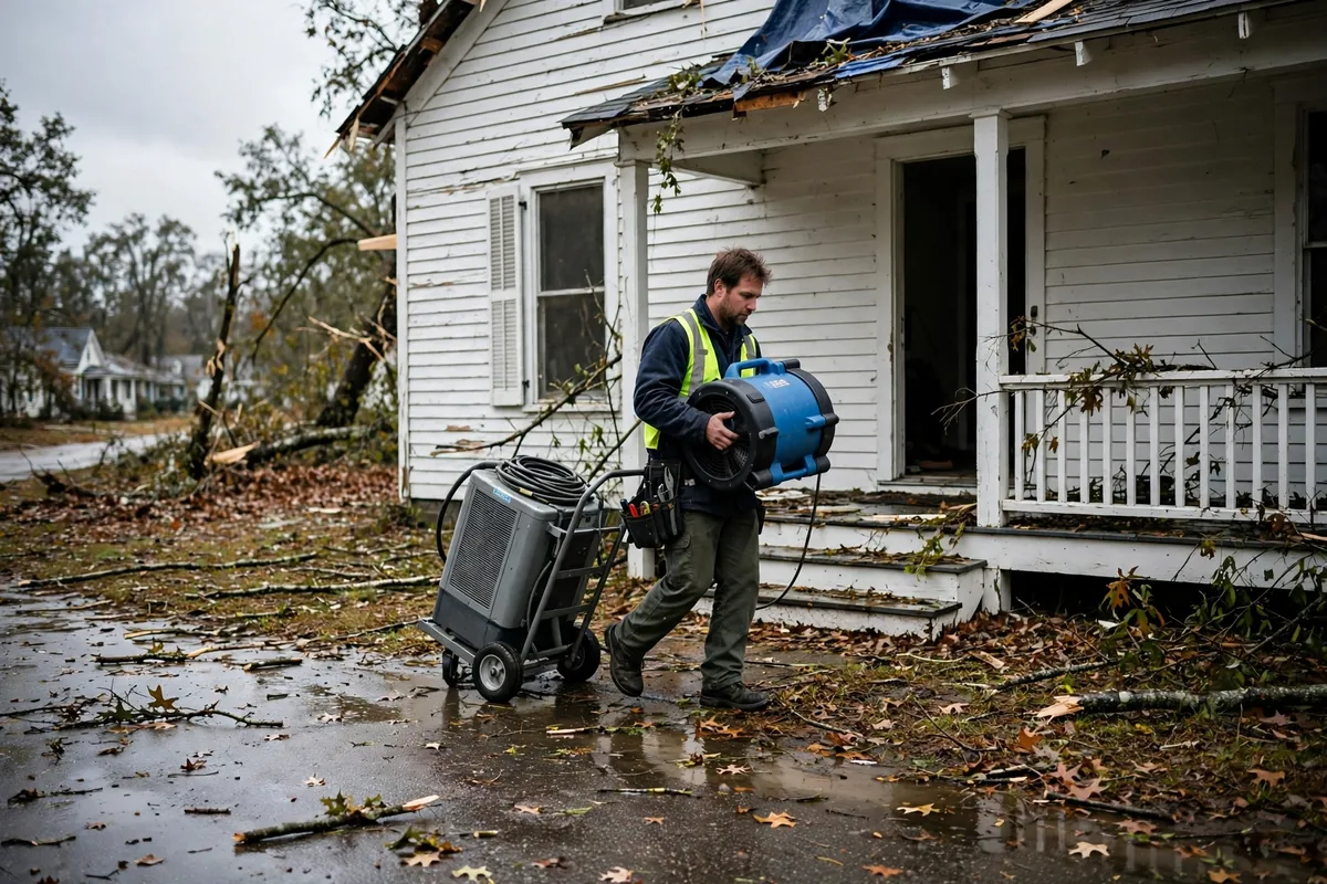 Tornado & Storm Flood Water Damage Restoration Belk, AL — a pro carrying drying equipment into a storm-damaged home