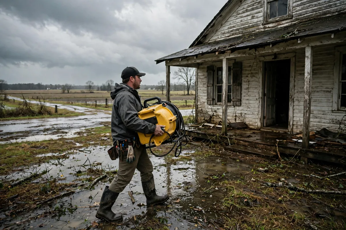 Tornado & Storm Flood Water Damage Restoration Belle Mina, AL — a pro carrying drying equipment into a storm-damaged home