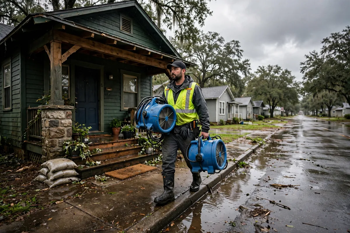 Tornado & Storm Flood Water Damage Restoration Berry, AL — a pro carrying drying equipment into a storm-damaged home
