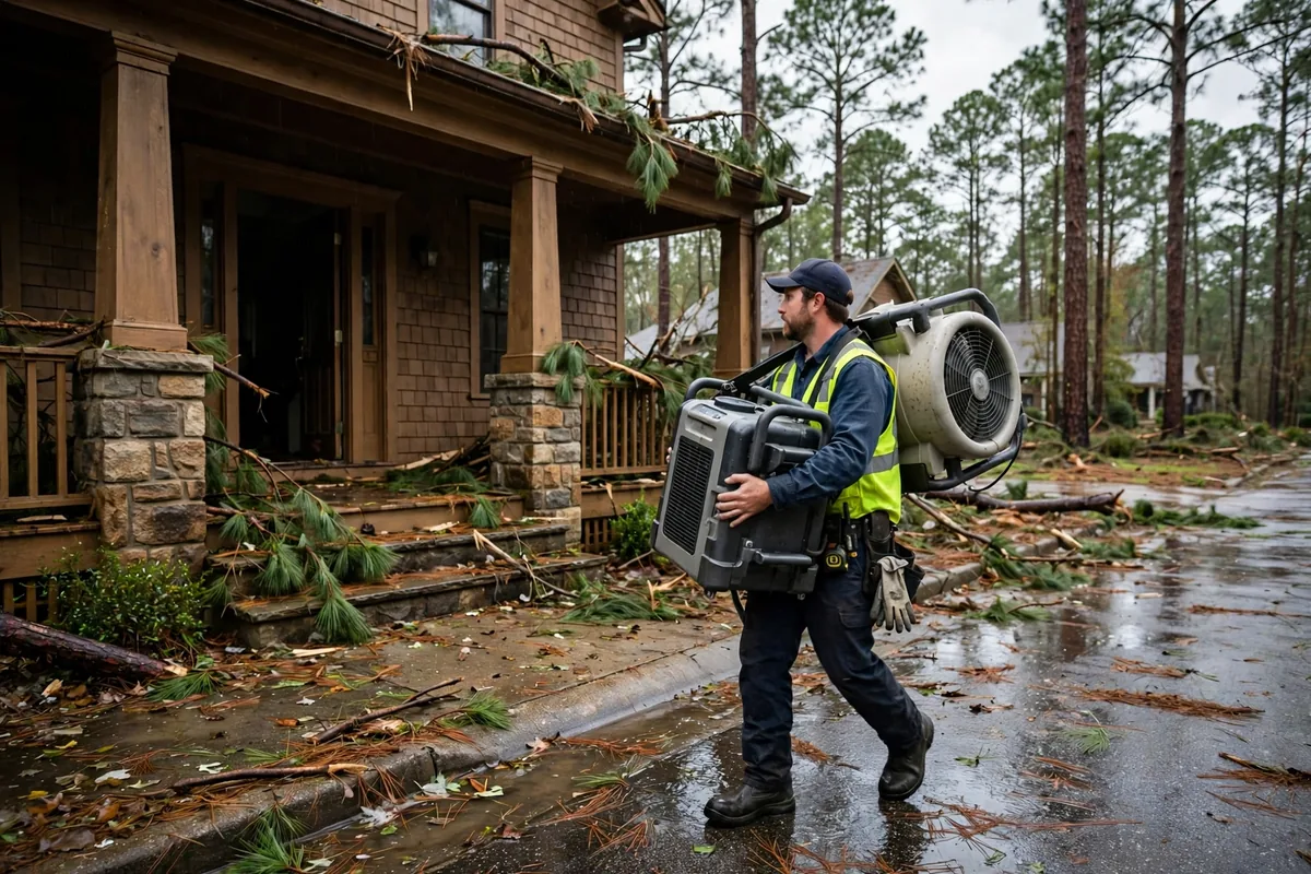 Tornado & Storm Flood Water Damage Restoration Bessemer, AL — a pro carrying drying equipment into a storm-damaged home