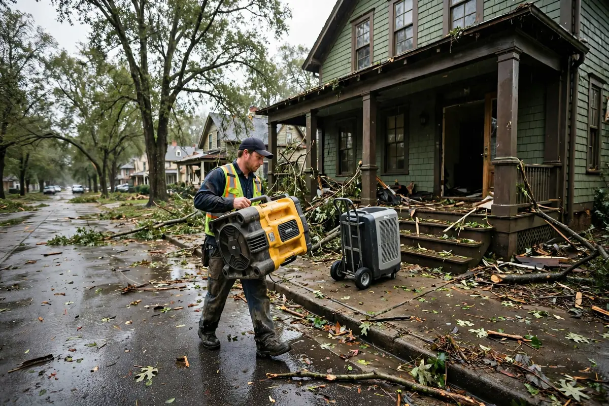 Tornado & Storm Flood Water Damage Restoration Birmingham, AL — a pro carrying drying equipment into a storm-damaged home