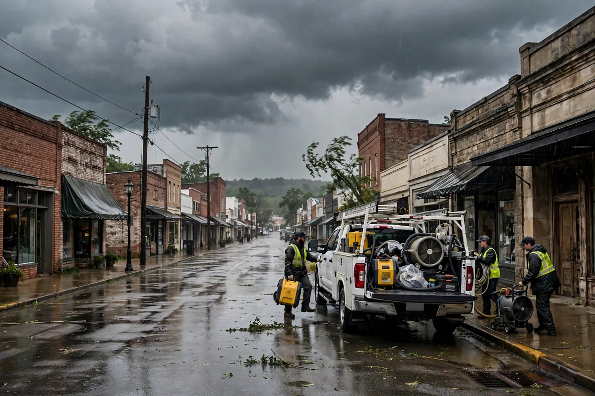 Tornado & Storm Flood Water Damage Restoration Blount County, AL — storm clouds over a county town after a storm