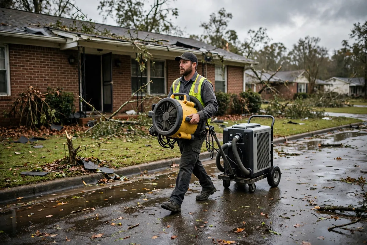 Tornado & Storm Flood Water Damage Restoration Calhoun County, AL — storm clouds over a county town after a storm