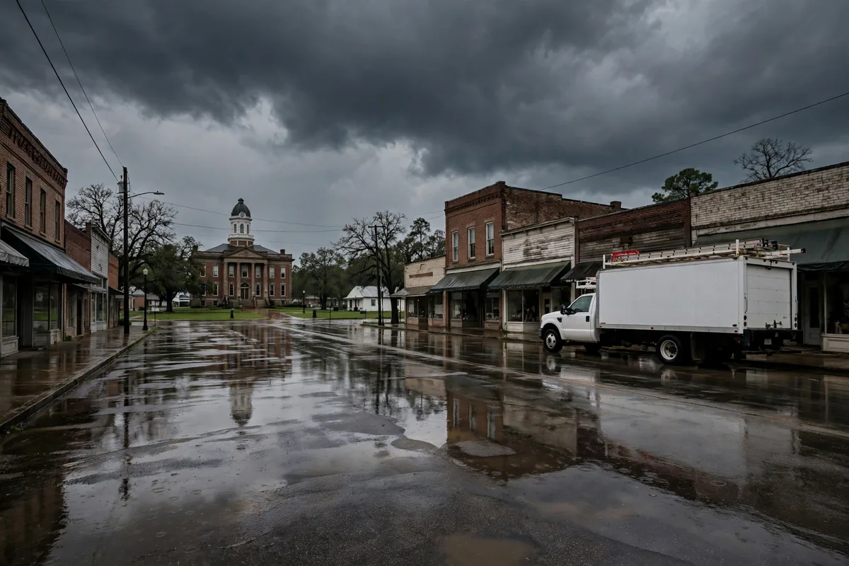 Tornado & Storm Flood Water Damage Restoration Clay County, AL — storm clouds over a county town after a storm