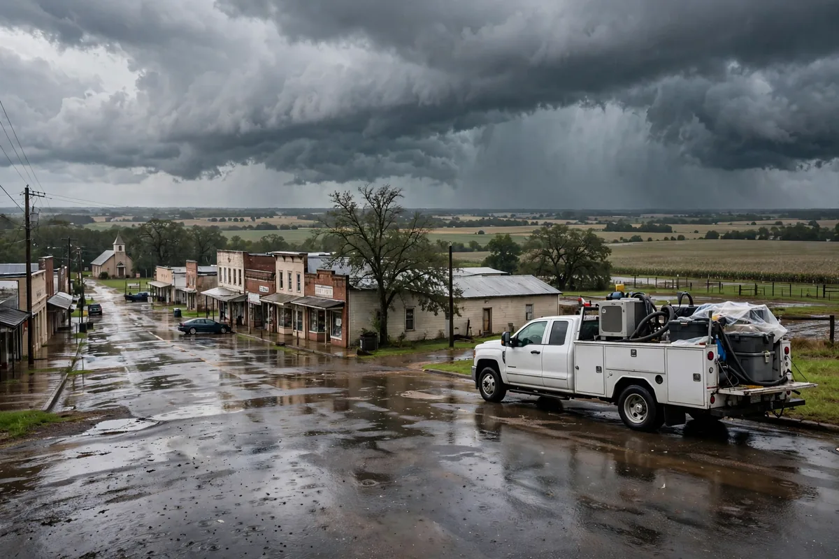 Tornado & Storm Flood Water Damage Restoration Etowah County, AL — storm clouds over a county town after a storm