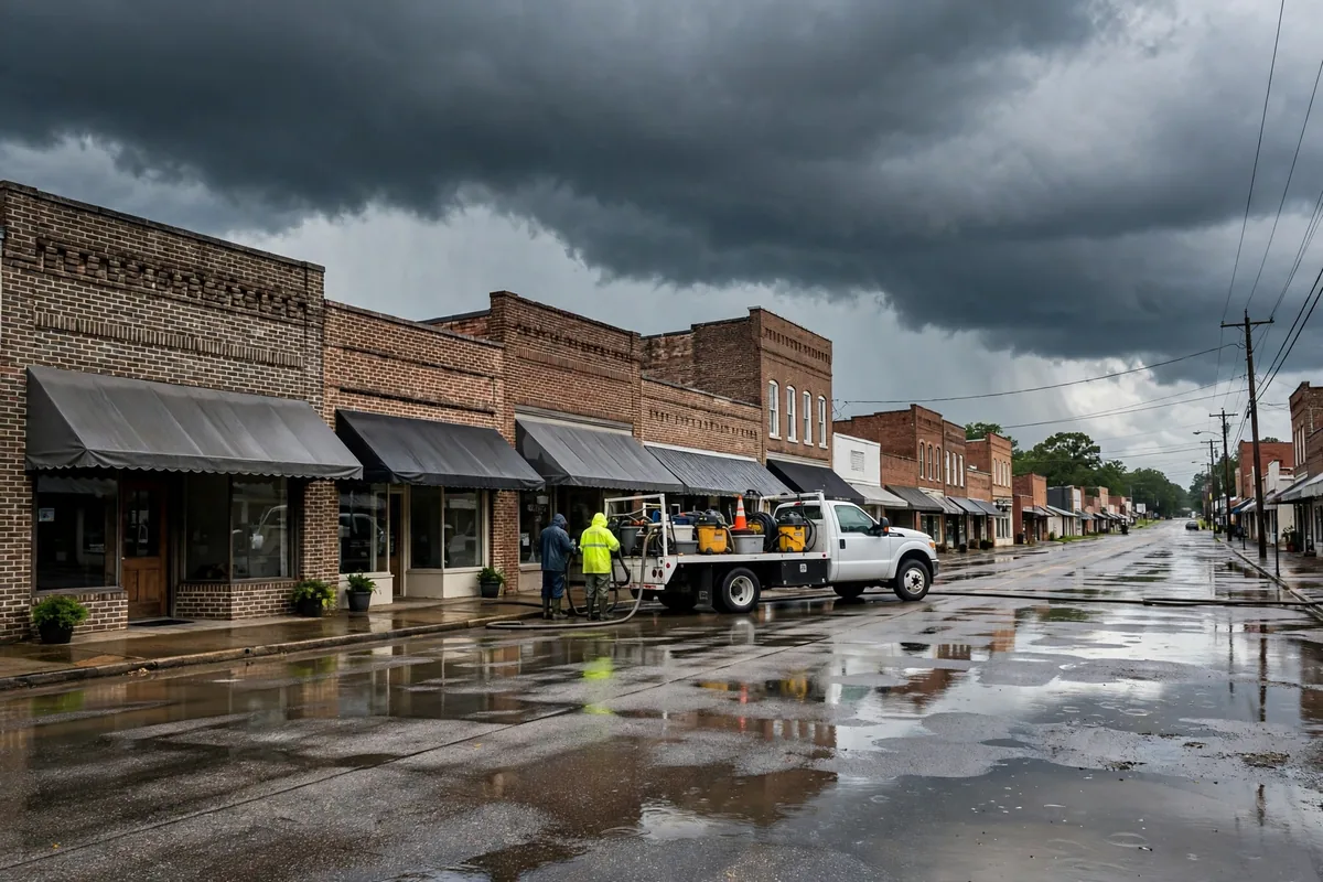Tornado & Storm Flood Water Damage Restoration Fayette County, AL — storm clouds over a county town after a storm