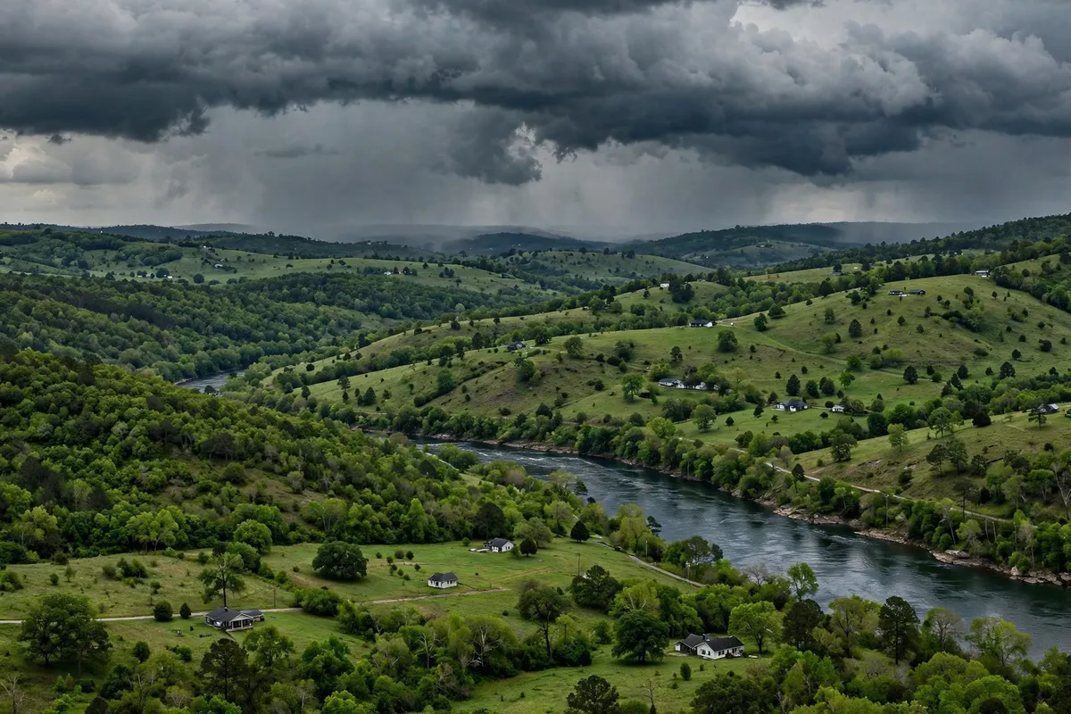 Tornado & Storm Flood Water Damage Restoration Jefferson County, AL — hills and a river under storm clouds