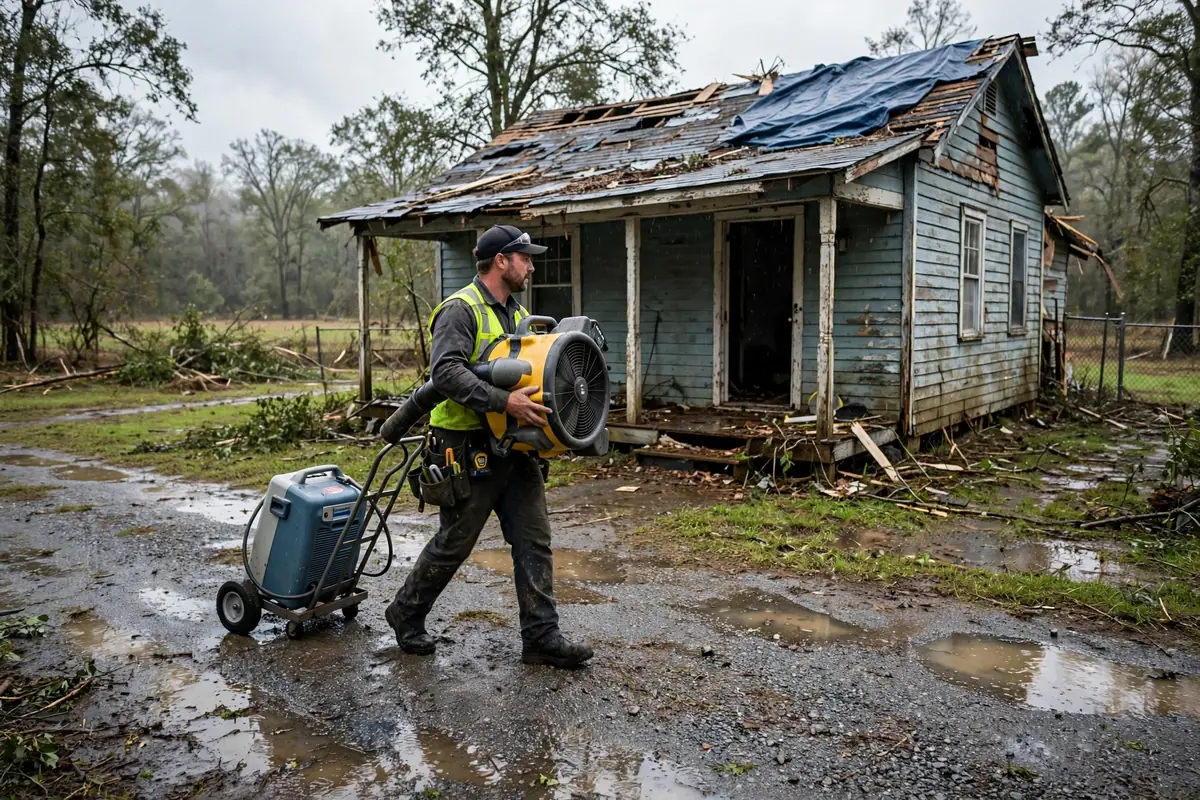 Tornado & Storm Flood Water Damage Restoration Lamar County, AL — storm clouds over a county town after a storm