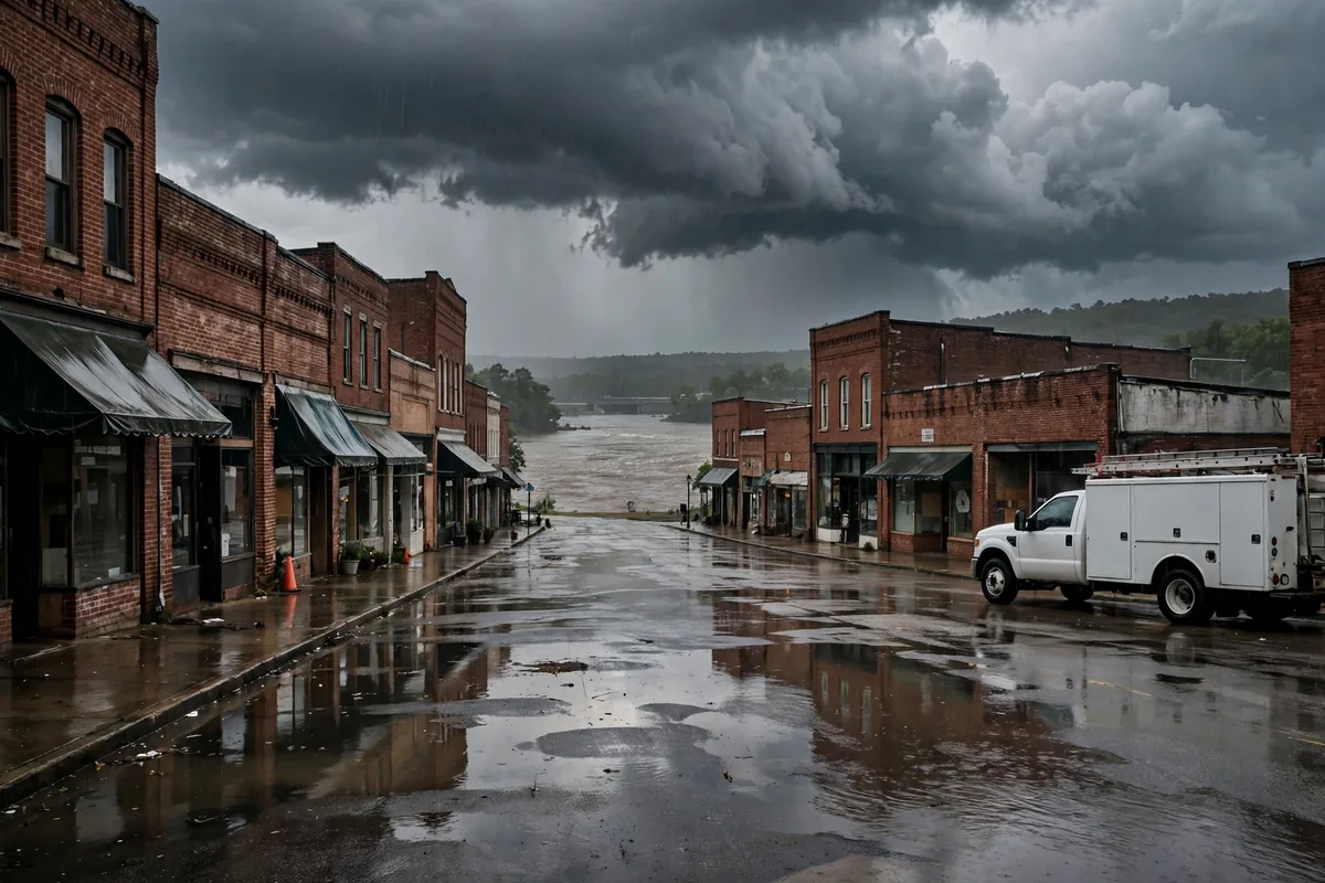 Tornado & Storm Flood Water Damage Restoration Lauderdale County, AL — storm clouds over a county town after a storm