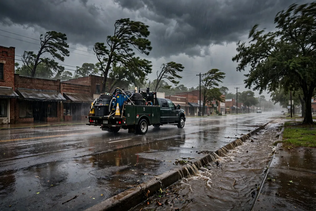 Tornado & Storm Flood Water Damage Restoration Lee County, AL — storm clouds over a county town after a storm