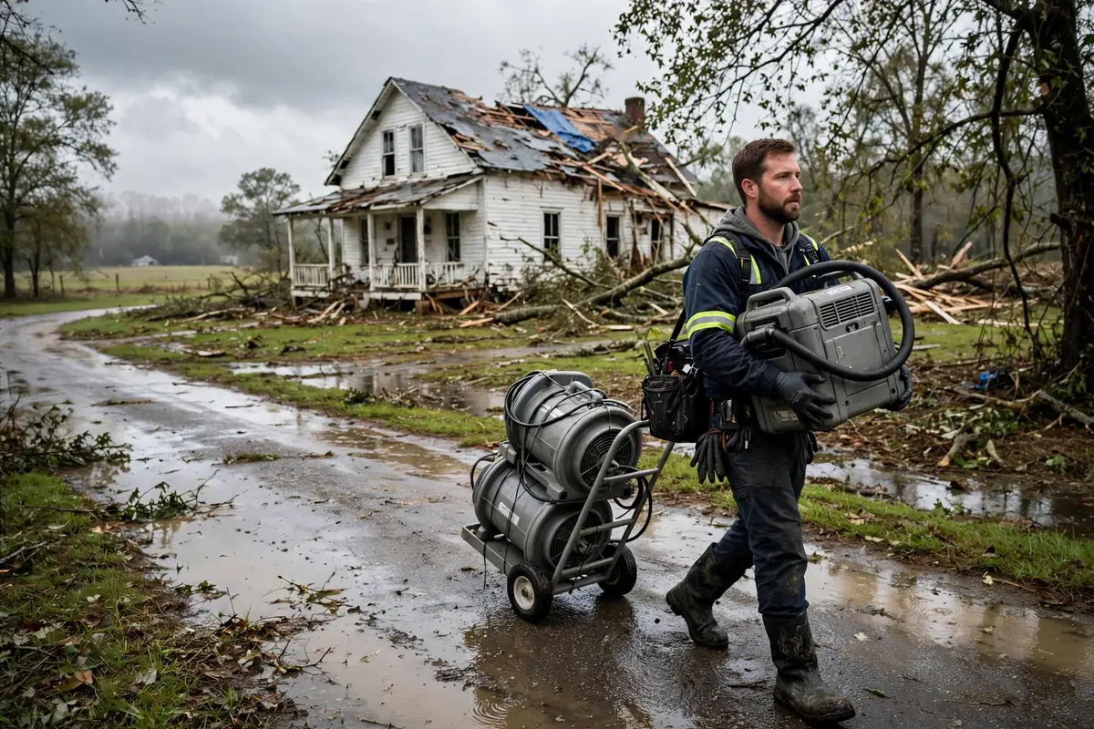 Tornado & Storm Flood Water Damage Restoration Limestone County, AL — storm clouds over a county town after a storm