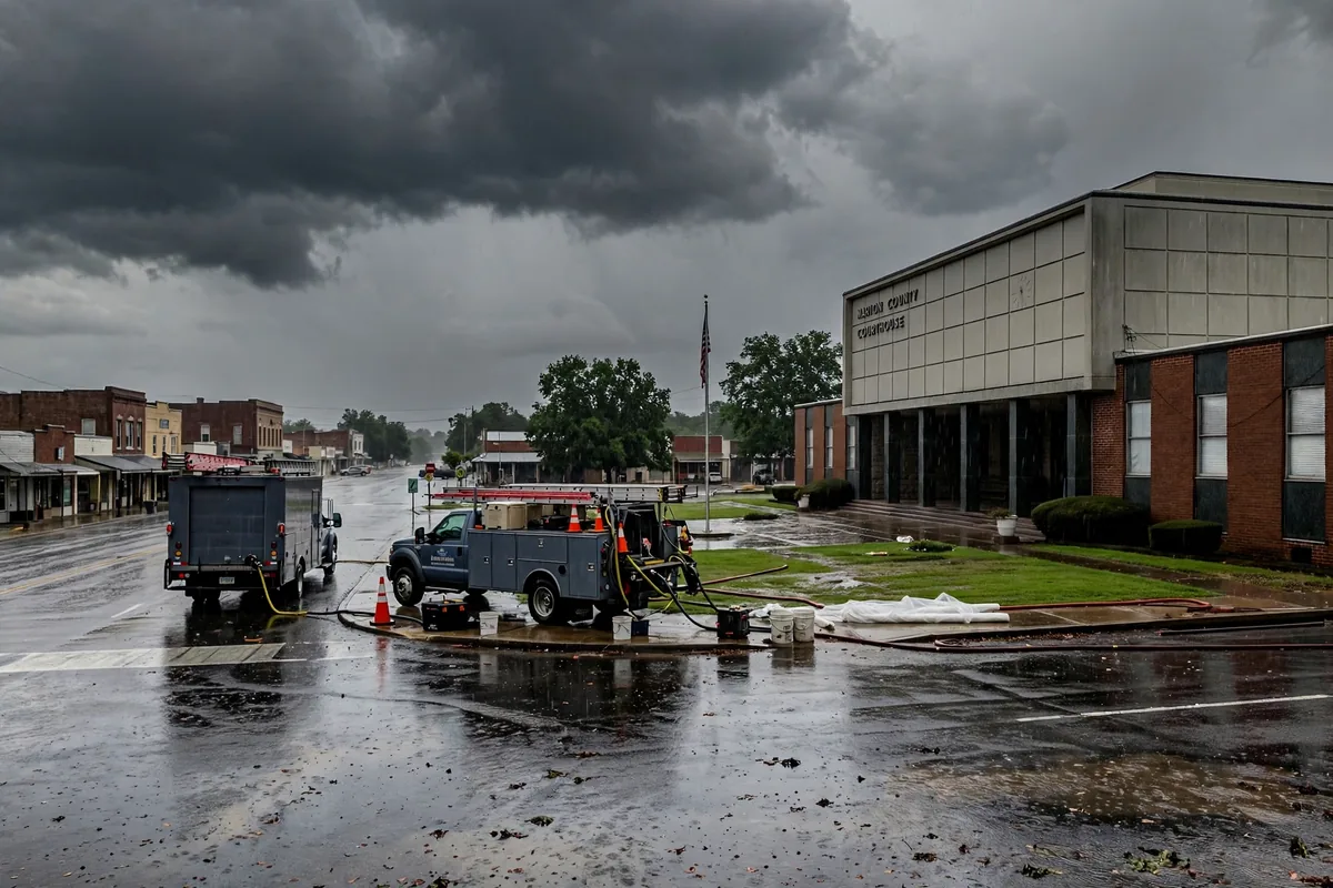 Tornado & Storm Flood Water Damage Restoration Marion County, AL — storm clouds over a county town after a storm