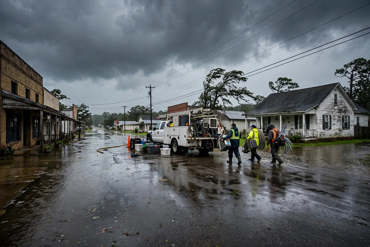 Tornado & Storm Flood Water Damage Restoration Marshall County, AL — storm clouds over a county town after a storm