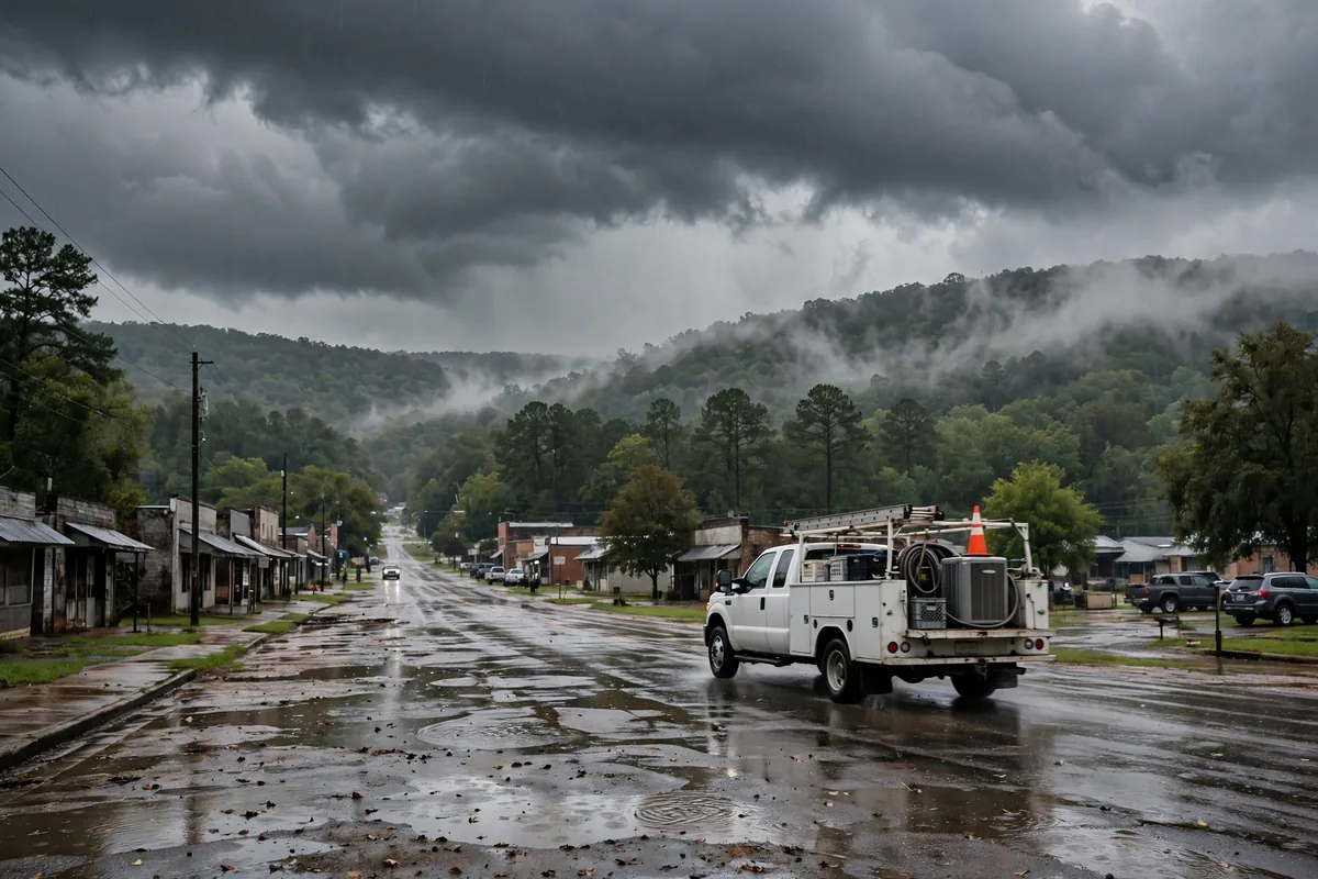 Tornado & Storm Flood Water Damage Restoration Pickens County, AL — storm clouds over a county town after a storm