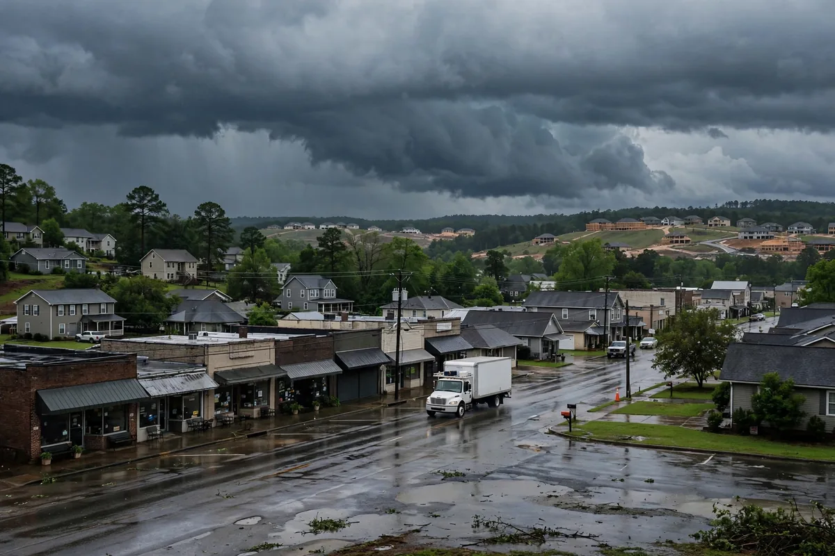 Tornado & Storm Flood Water Damage Restoration Shelby County, AL — storm clouds over a county town after a storm