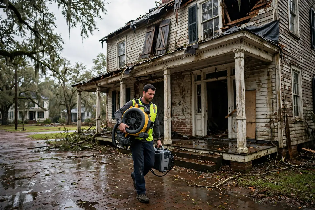 Tornado & Storm Flood Water Damage Restoration Talladega County, AL — storm clouds over a county town after a storm