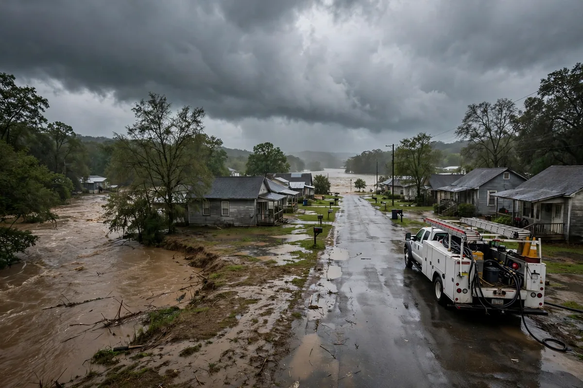 Tornado & Storm Flood Water Damage Restoration Tallapoosa County, AL — storm clouds over a county town after a storm