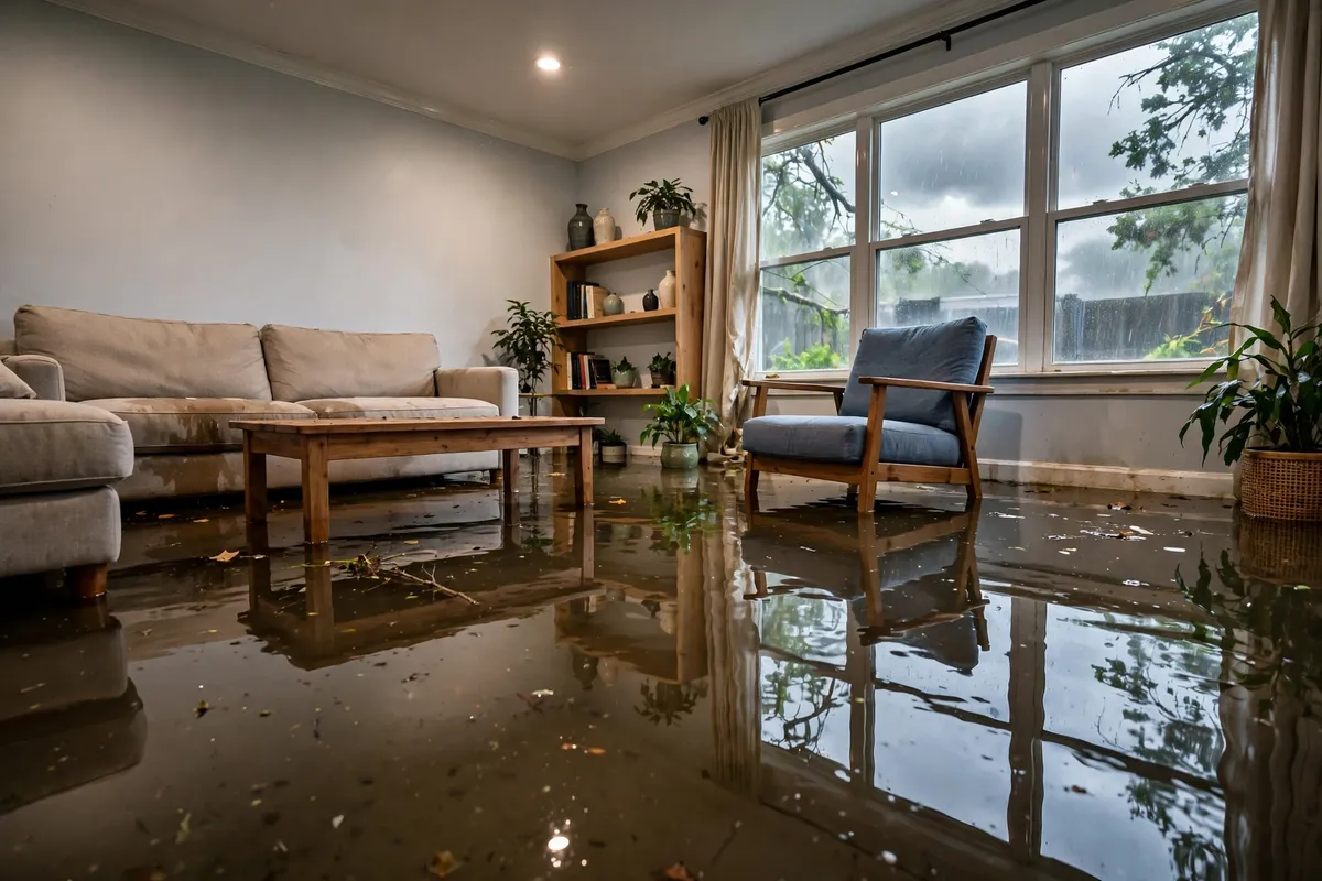 Emergency water damage restoration — a flooded Alabama living room